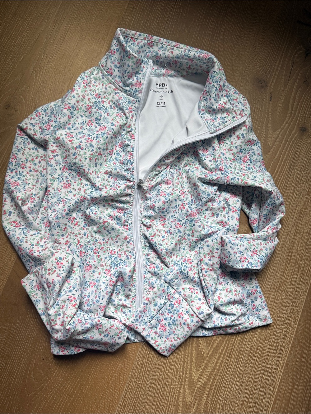 abercrombie kids White Floral Zip-Up Raincoat with Pink & Blue Accents